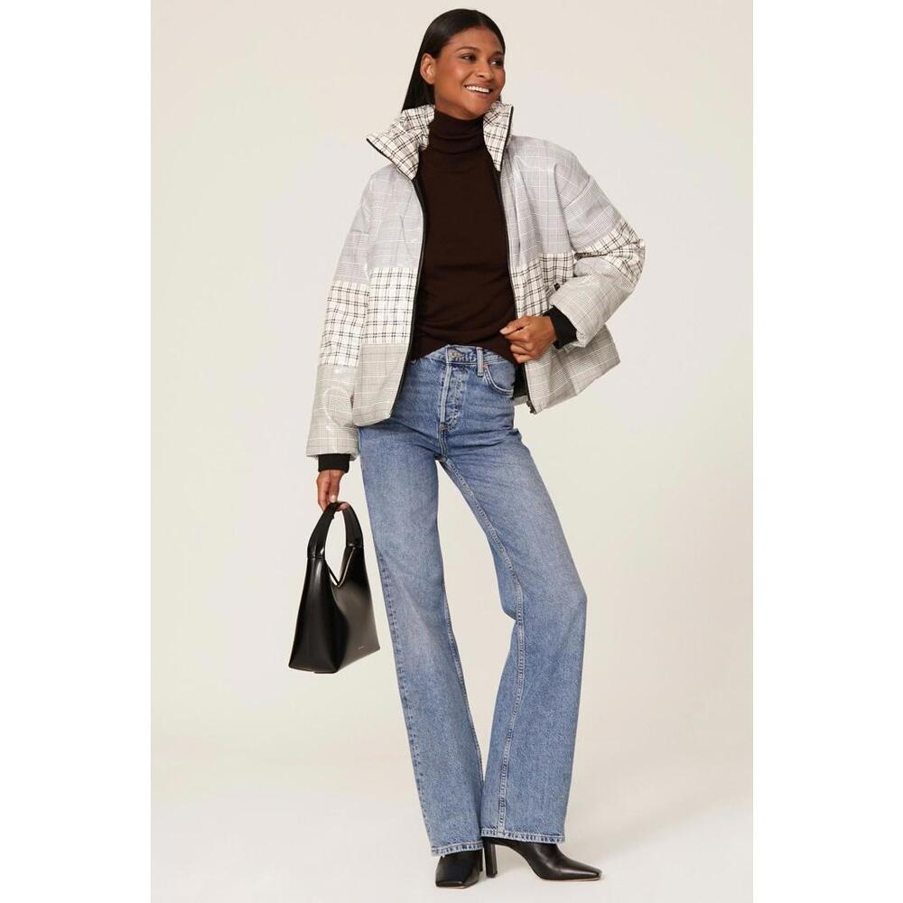 Samantha Sipos Grey & Brown Plaid Leather Puffer Size S with Discoloration